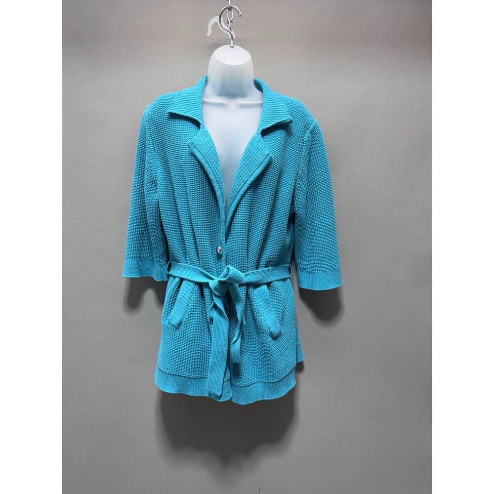 Susan Graver Knit Sweater Open Front Cardigan Teal Tied One Button Women’s XL